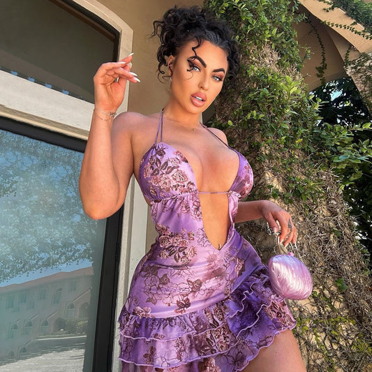 Vestido de verano sexy con escote en V profundo y espalda descubierta de encaje para mujer