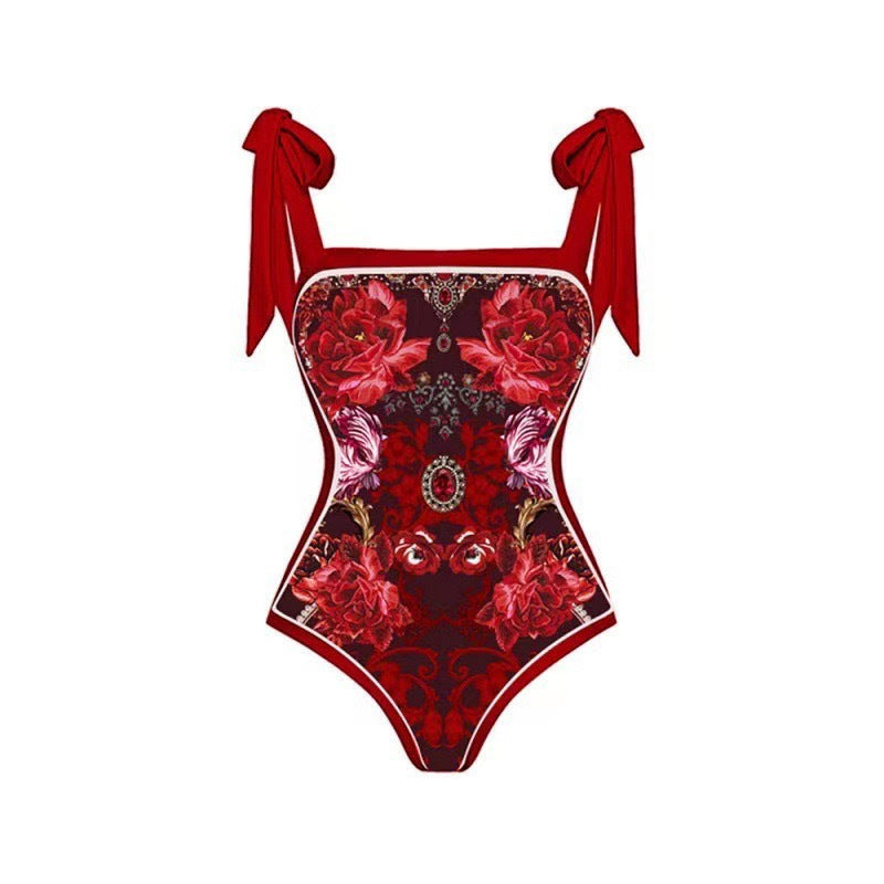 Traje de baño conservador con protector solar para mujer, falda de gasa estampada vintage, bikini