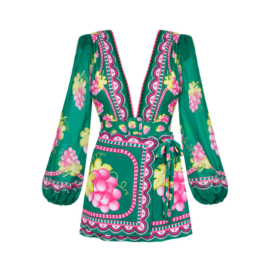 Multicolor Long Sleeve One-Piece Swimsuit Skirt