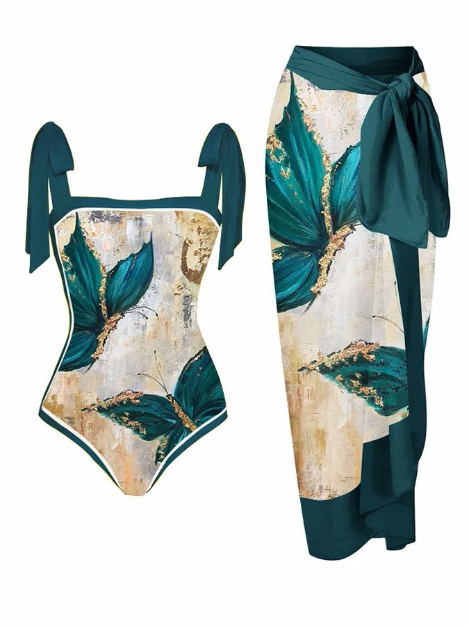 Traje de baño de una pieza de dos piezas con estampado personalizado y falda de cadera conservadora.