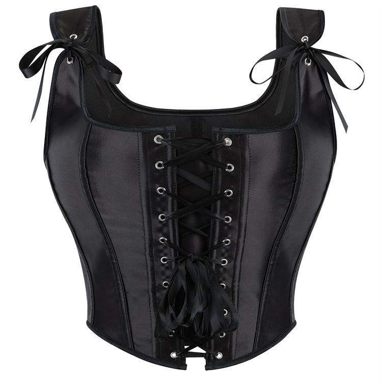 Corset sexy en satin noir à lacets, soutien-gorge push-up, coupe ajustée, doux et frais, à porter à l'extérieur. Dos nu.