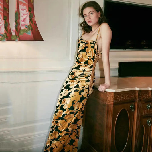 Vestido midi de terciopelo con escote en V y estampado de borlas y cuentas, sexy, plisado, para verano