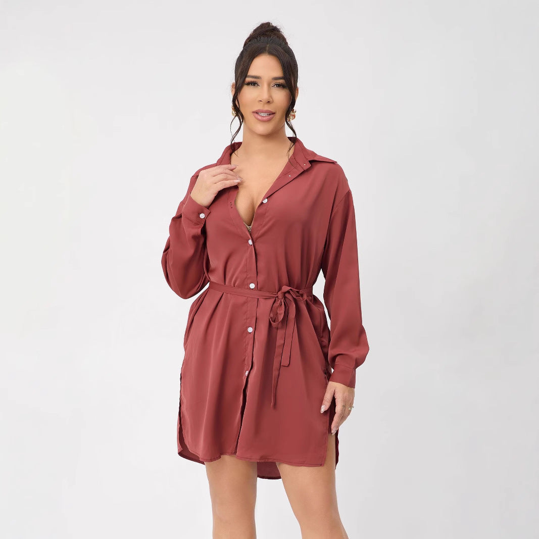 Conjunto de dos piezas formado por camisa y pantalón corto, para mujer, informal, de manga larga, con cuello y cinturón, para primavera