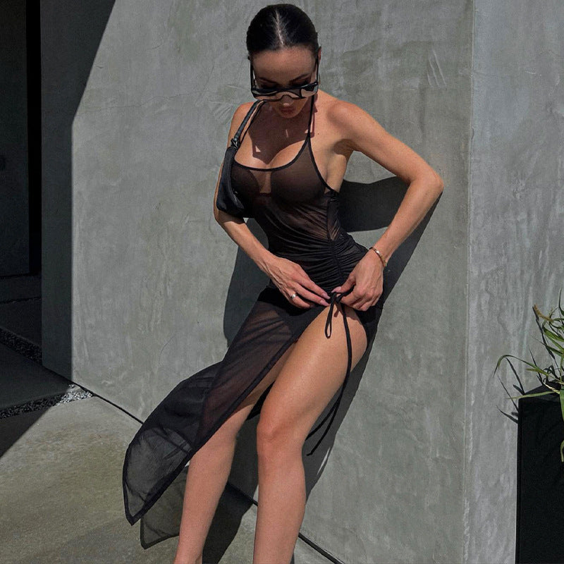Vestido ajustado de verano con abertura y malla transparente para mujer