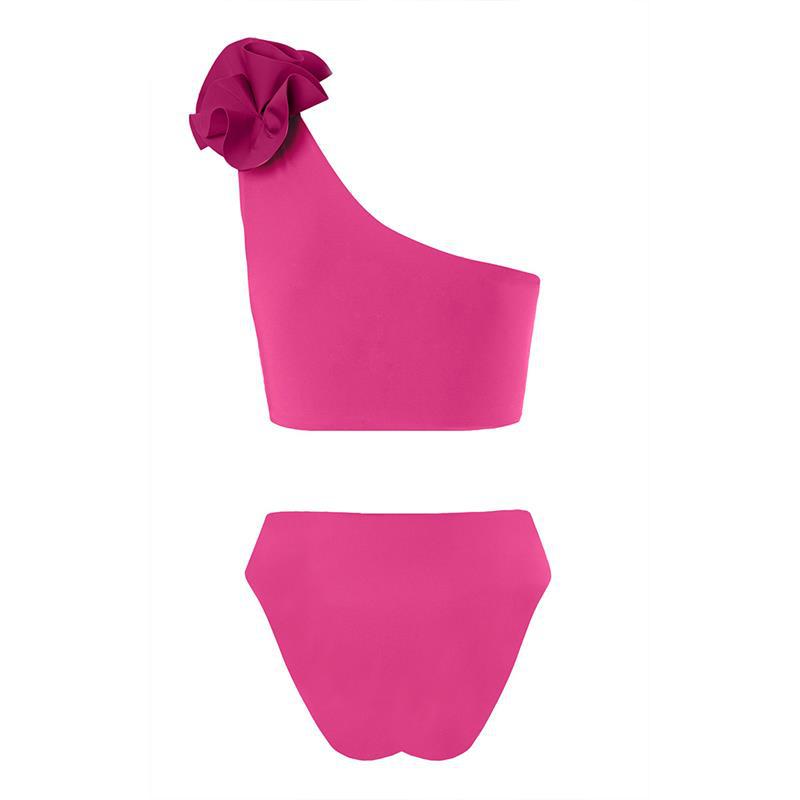 Traje de baño de bikini de color sólido sexy con un hombro al descubierto y diseño floral tridimensional para mujer