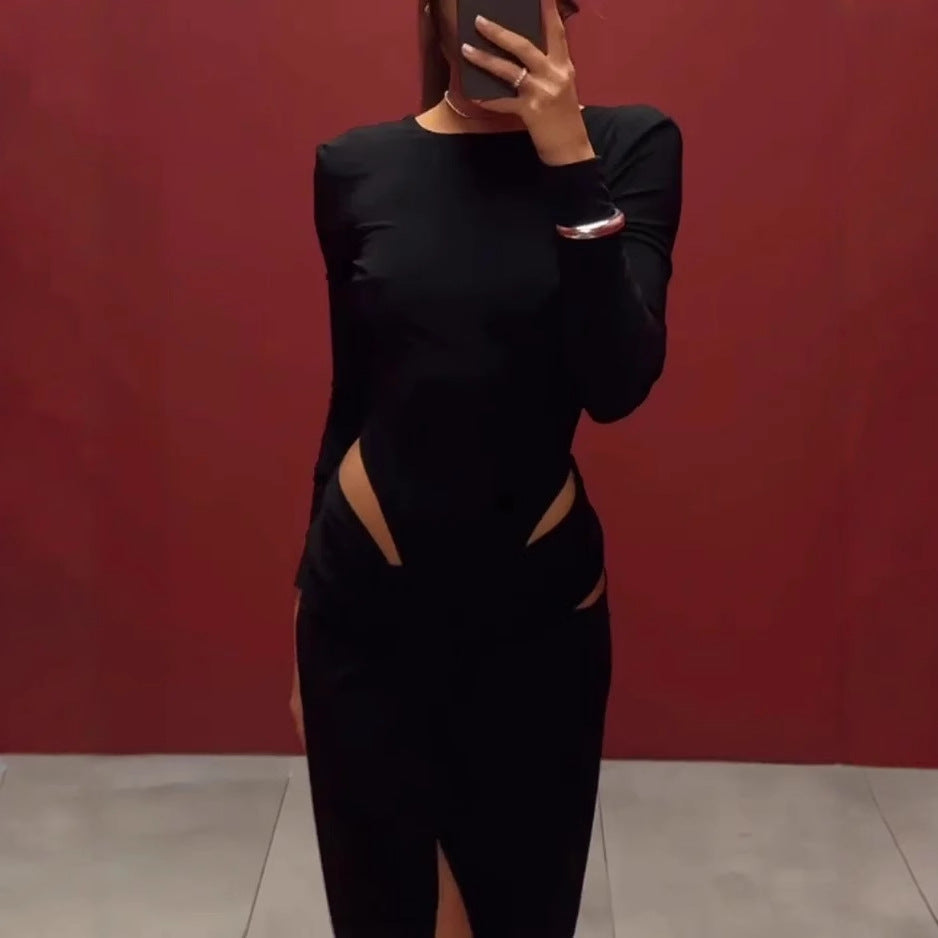 Women Clothing Spring Graceful Fashionable Long Sleeve Hollow Out Cutout Solid Color Dress