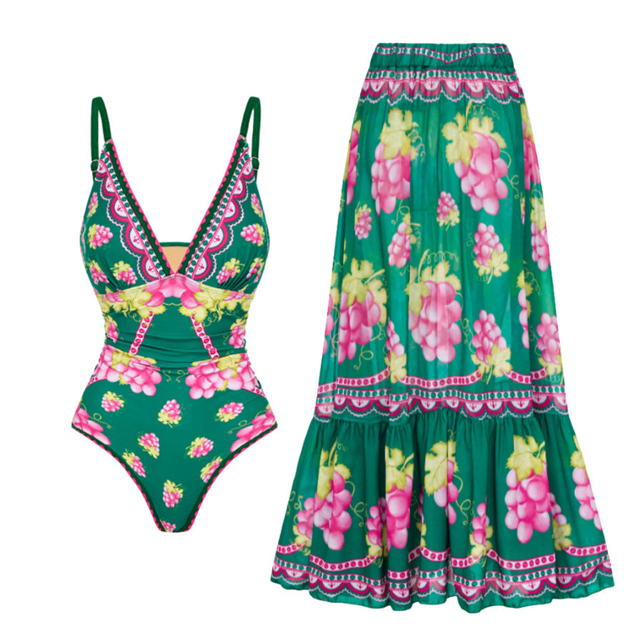 Multicolor V-neck One-Piece Swimsuit Dress