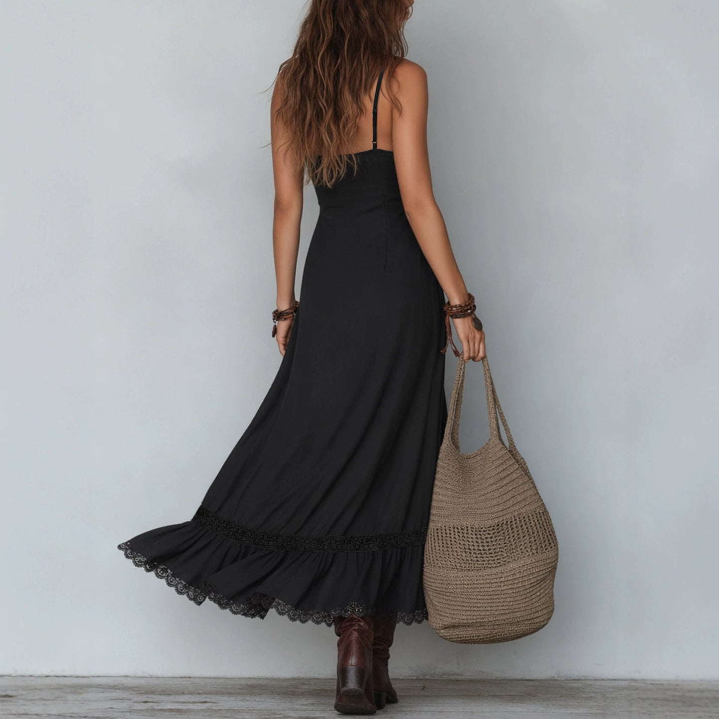 Season Bohemian Strap Dress Lace Patchwork Knitting Spaghetti Strap Dress Rogan