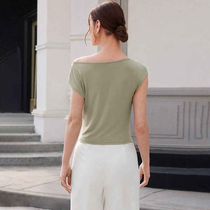 Ropa de verano para mujer, color sólido, personalidad sencilla, cuello diagonal, sin mangas, ceñido, jersey adelgazante para mujer