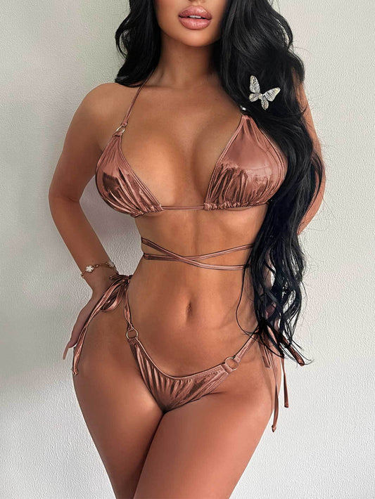 Bikini Bronzing Solid Color Tied Split Swimsuit Women Backless Lace up Bikini