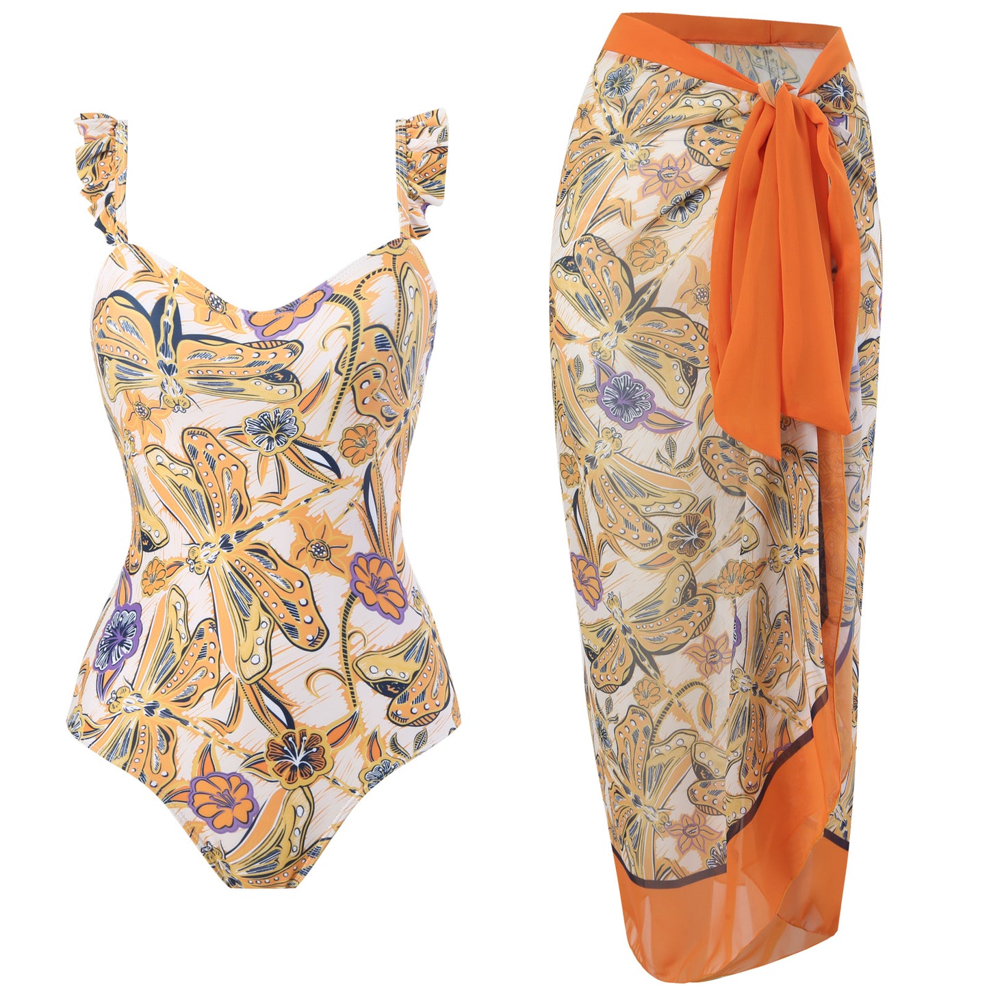 Traje de baño de una pieza con borde volador para mujer, estilo retro, para adelgazar el vientre, vestido de playa de gasa.