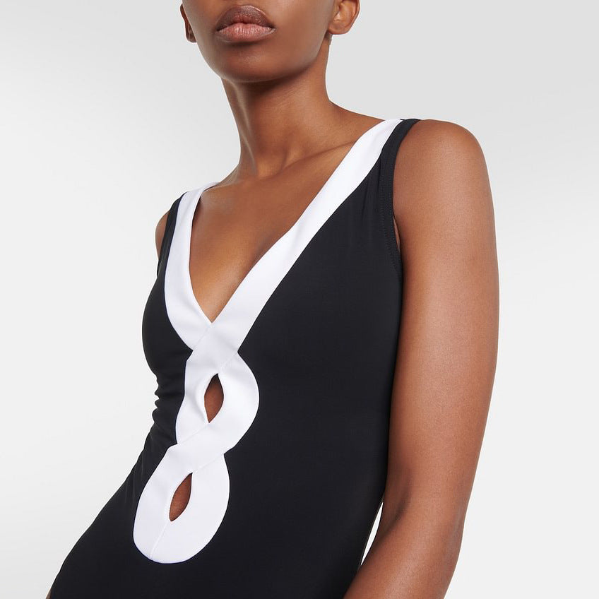 Conjunto de traje de baño con aberturas y falda para mujer, color blanco y negro