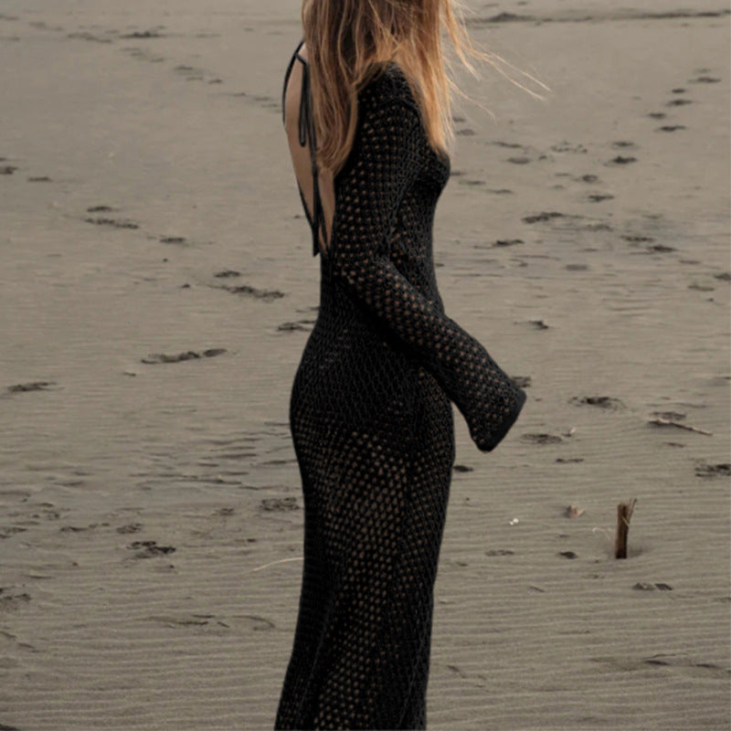 Holiday Front Long Hollow Out Cutout Metal Buckle V neck Long Sleeve Dress Beach Sun Protection Backless Smock Dress