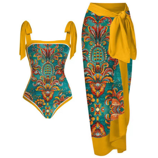 Traje de baño de dos piezas con estampado vintage que oculta la flacidez, adelgazante y protector solar para playa.