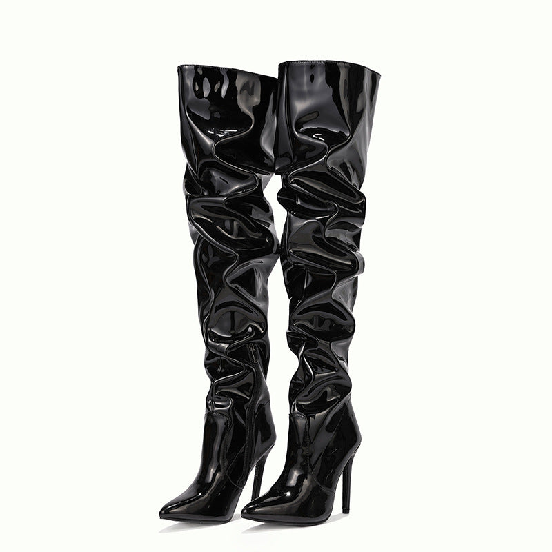 Spring Summer Catwalk Show Patent Leather Slimming Pointed Stiletto Heel Women High Heel Boots Euseen