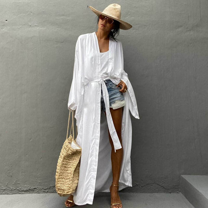 Rayon Loose Long Cardigan Beach Sun Protection Coat Seaside Vacation Beach Cover Up Swimsuit Outwear Women