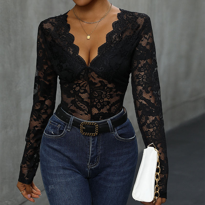 Vêtements d'automne pour femmes, couleur unie, manches longues, coutures en dentelle, une pièce