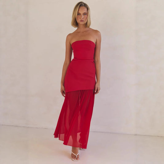 Elegant Sexy Tube Top Package Hip Mesh Stitching Solid Color Dress Long