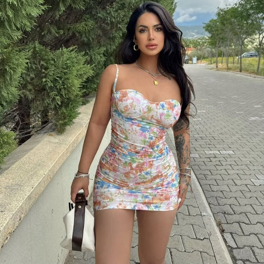 Vestido sexy con estampado de verano y tirantes finos en la cadera con hombros descubiertos para mujer