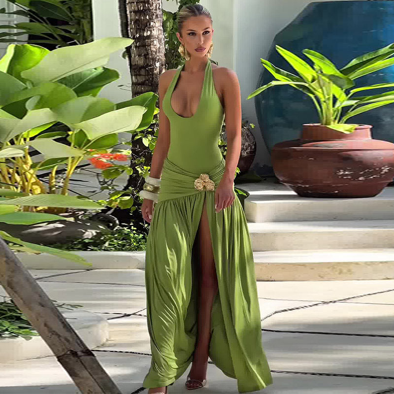 Conjunto de dos piezas de verano con volantes y cinta con costuras entalladas de color liso medio