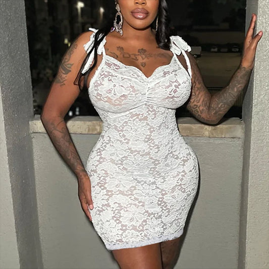 Sexy Women Clothing See through Slim Fit Lace up Sling Floral Lace Sheath Dress