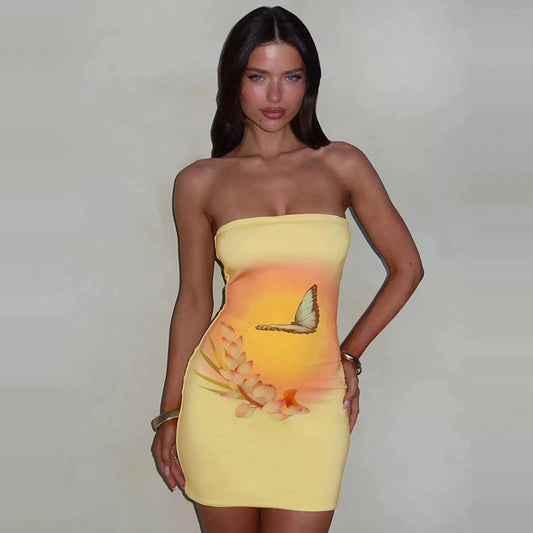 Vestido sexy sin mangas de verano para mujer, con estampado floral de mariposas y tirantes finos.