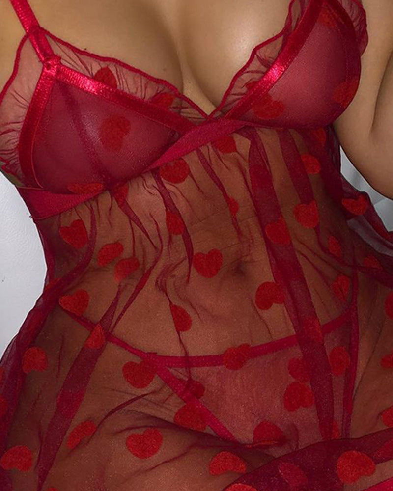 Sexy Red Mesh Heart Transparent Night Skirt Set