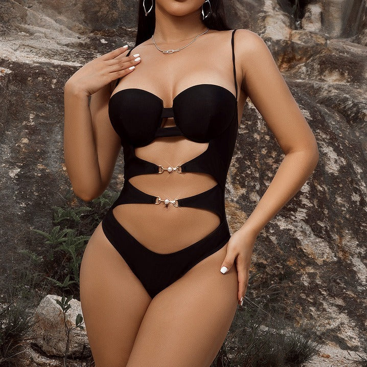 Maillot de bain une pièce pour femme, couleur unie, ajouré, bretelles découpées
