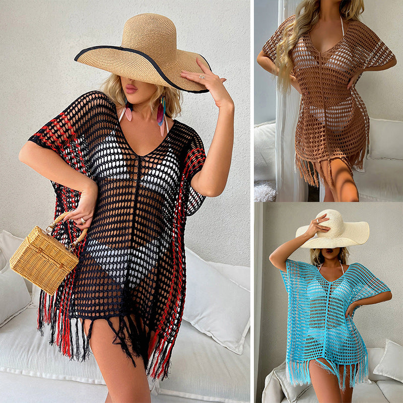 Contrast Color Sexy Loose Pullover V-neck Tassel Hollow Out Cutout out Beach Sun Protection Clothing Bikini Beach Cover-up Crochet hook