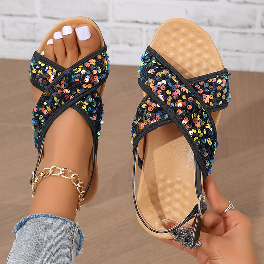 Sandales de plage à double croix et paillettes noires pour femmes, sandales plates confortables à brides nues