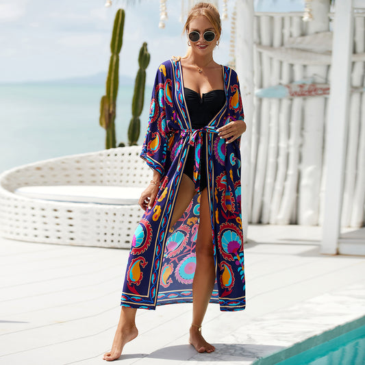 Printed Beach Jacket Sexy Sun Protection Cardigan Holiday Bikini Cover up Blouse Women