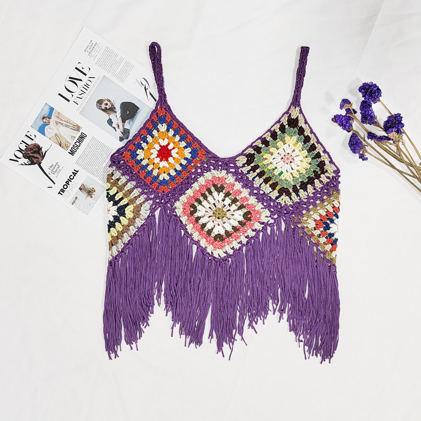 Women Clothing Women Top Pure Hand Crocheting Random Mixed Color Stitching Camisole Tassel Shirt Crochet