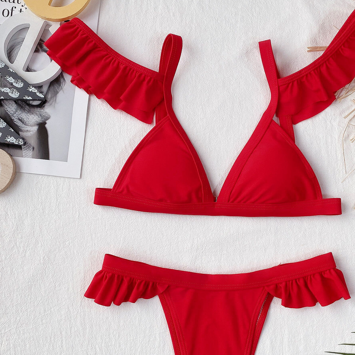 Traje de baño individual exterior de color sólido con mangas de loto para mujer, traje de baño separado