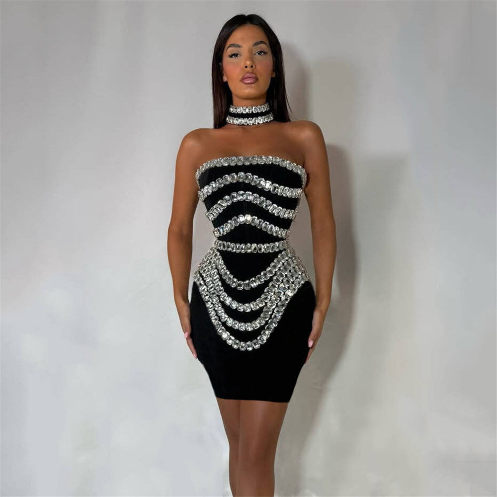 Vestido de fiesta ajustado de una pieza con hombros descubiertos, sexy, con cuentas y diamantes de imitación, hecho a mano, para reuniones de noche