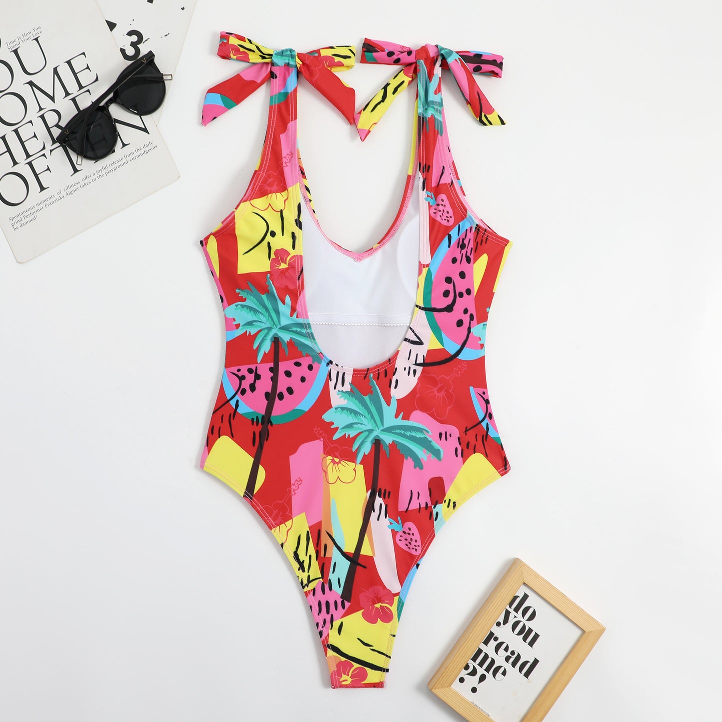 Traje de baño de una pieza con estampado de corazón y lazo para mujer, bikini sexy con espalda descubierta y triángulo