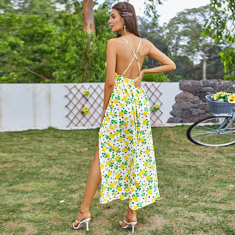 Floral Strap Dress Deep V Plunge High Slit Backless Maxi Dress Rural Sweet Vacation Women