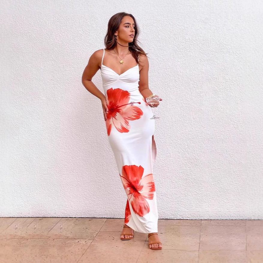 Summer Women Clothing Sexy V neck Brace Floral Print Slim Fit Dress