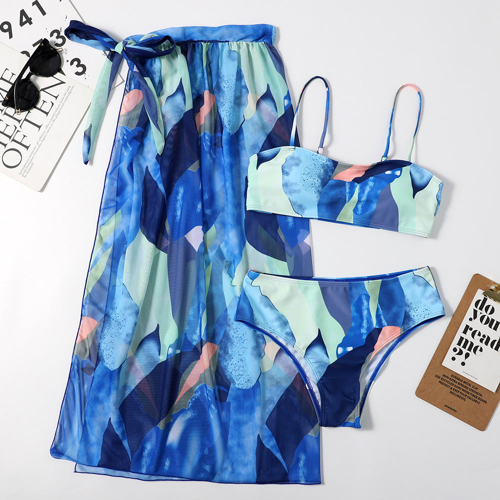 Bikini triangular de malla para mujer, conjunto de tres piezas con estampado sexy, traje de baño dividido