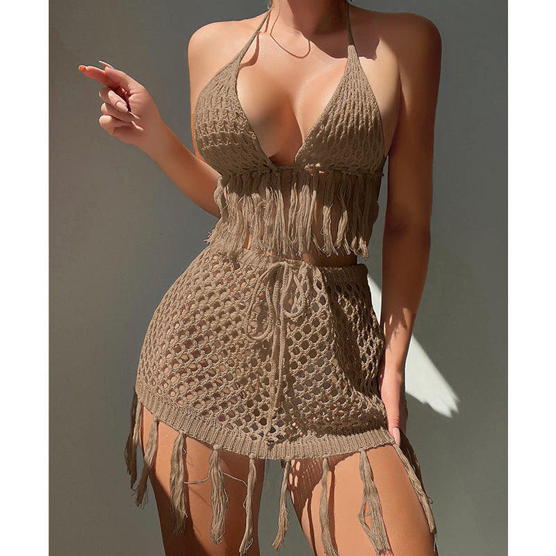 Knitted Lace Up Tassel Bikini Skirt Outfit Sexy Bikini Beach Cover Up Crochet hook