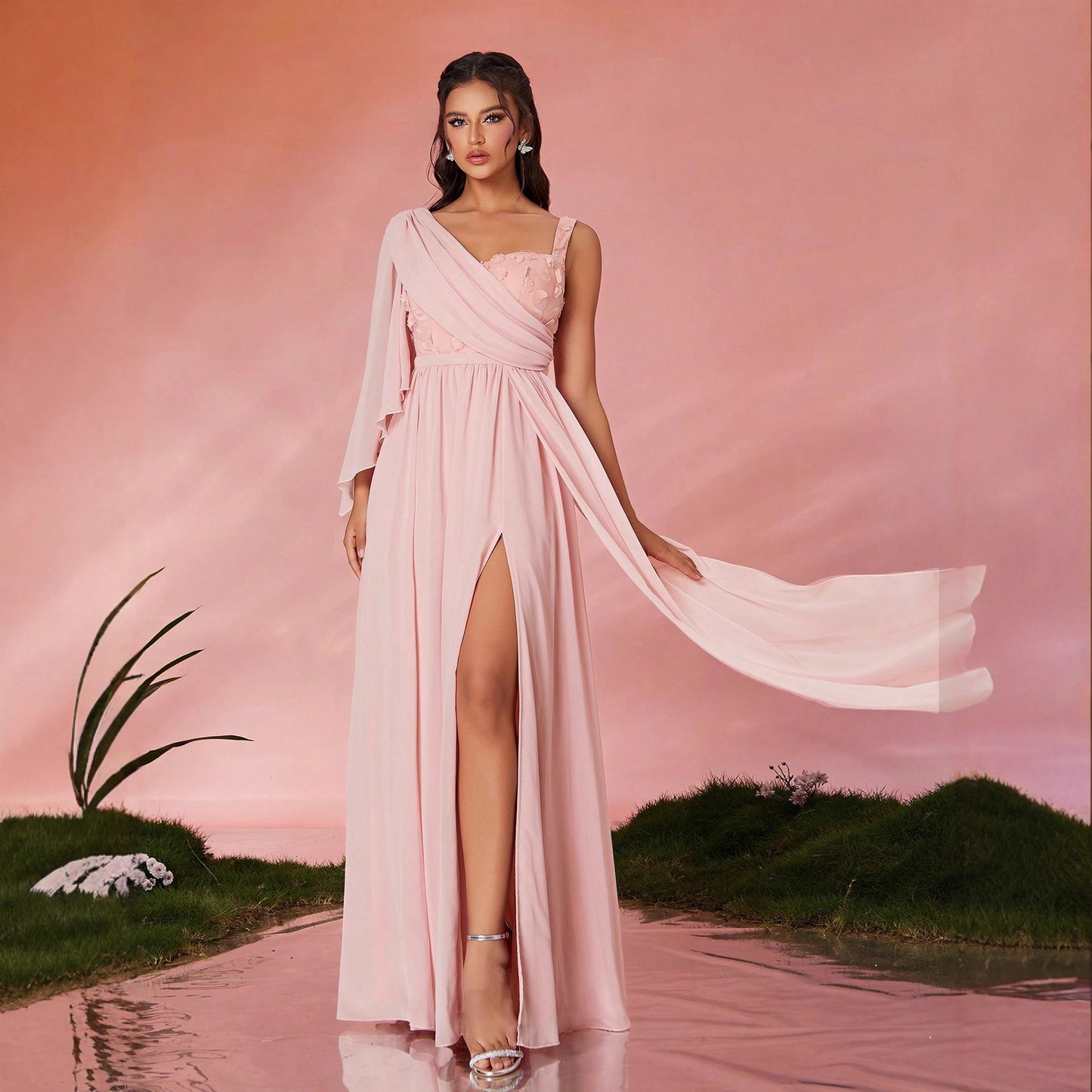 One Shoulder Dress Long Design Evening Dress Slit Slim Fit Drape Dress Adult Formal Dress