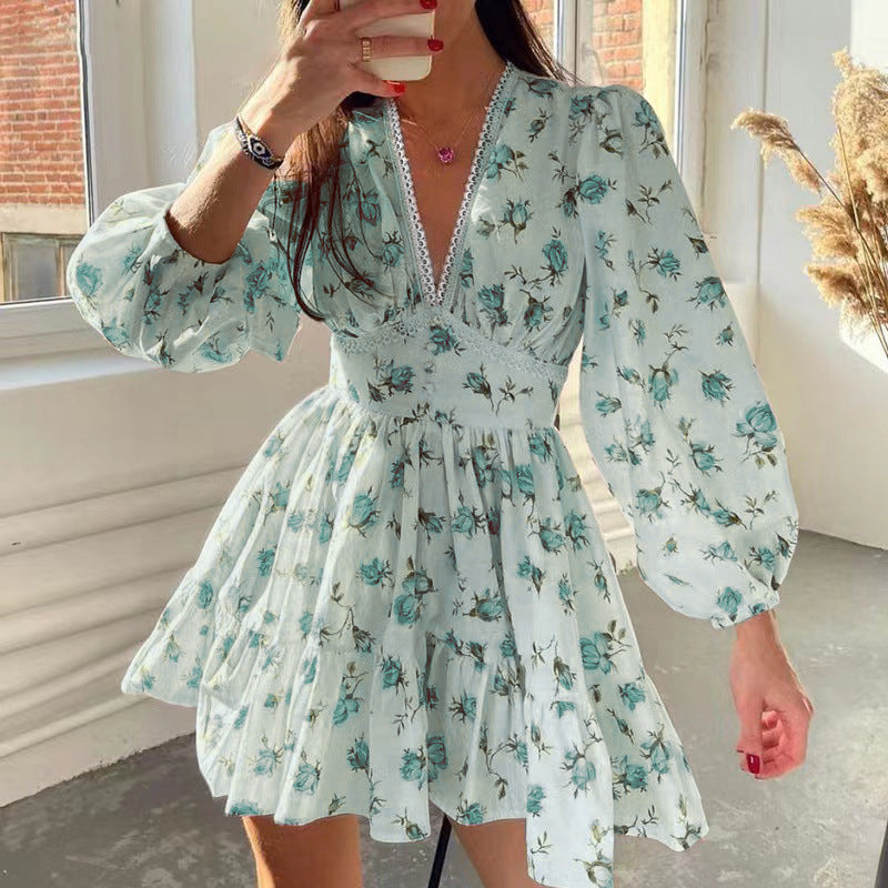 Vestido corto de primavera para mujer, elegante y dulce, con escote en V estampado y encaje en la cintura.