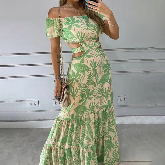 Vestido elegante de verano con estampado de hombros descubiertos y cintura alta con aberturas y volantes para mujer