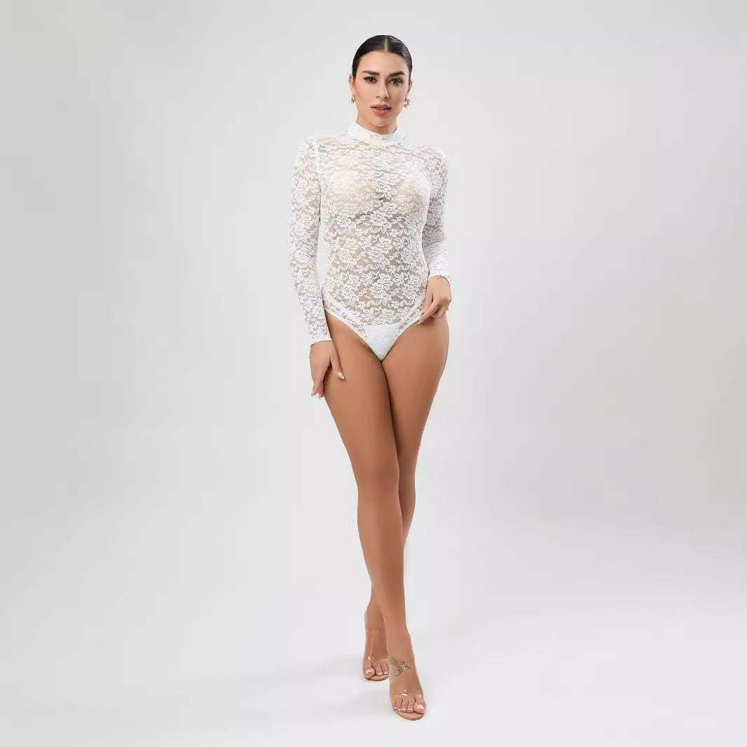 Mono sexy de encaje blanco con diseño de blusa de manga larga, ropa de mujer de alta calidad