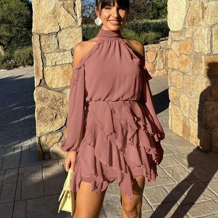 Vestido elegante de gasa para mujer, estilo halter, hombros descubiertos, manga larga, cintura alta, corte A