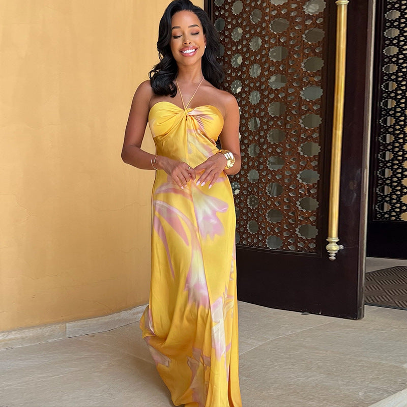 Vestido estilo halter con estampado digital, sin mangas, con escote en el pecho, espalda descubierta, cintura media, corte en A