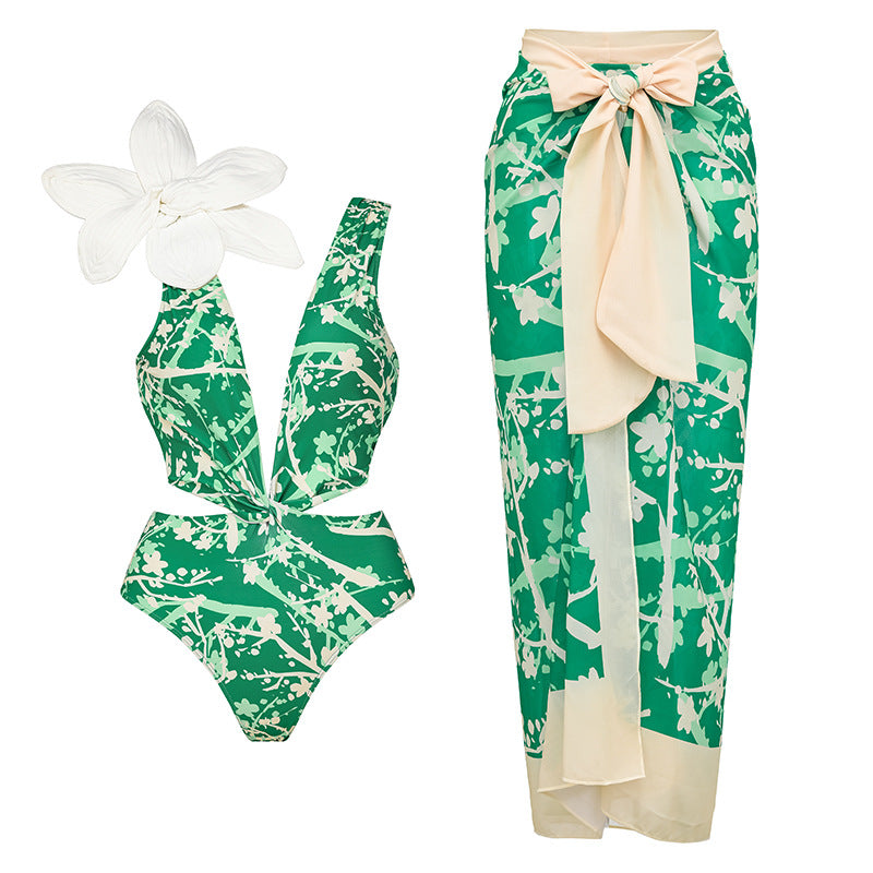 Three-Dimensional Flower One-Piece Swimsuit Wrap Skirt