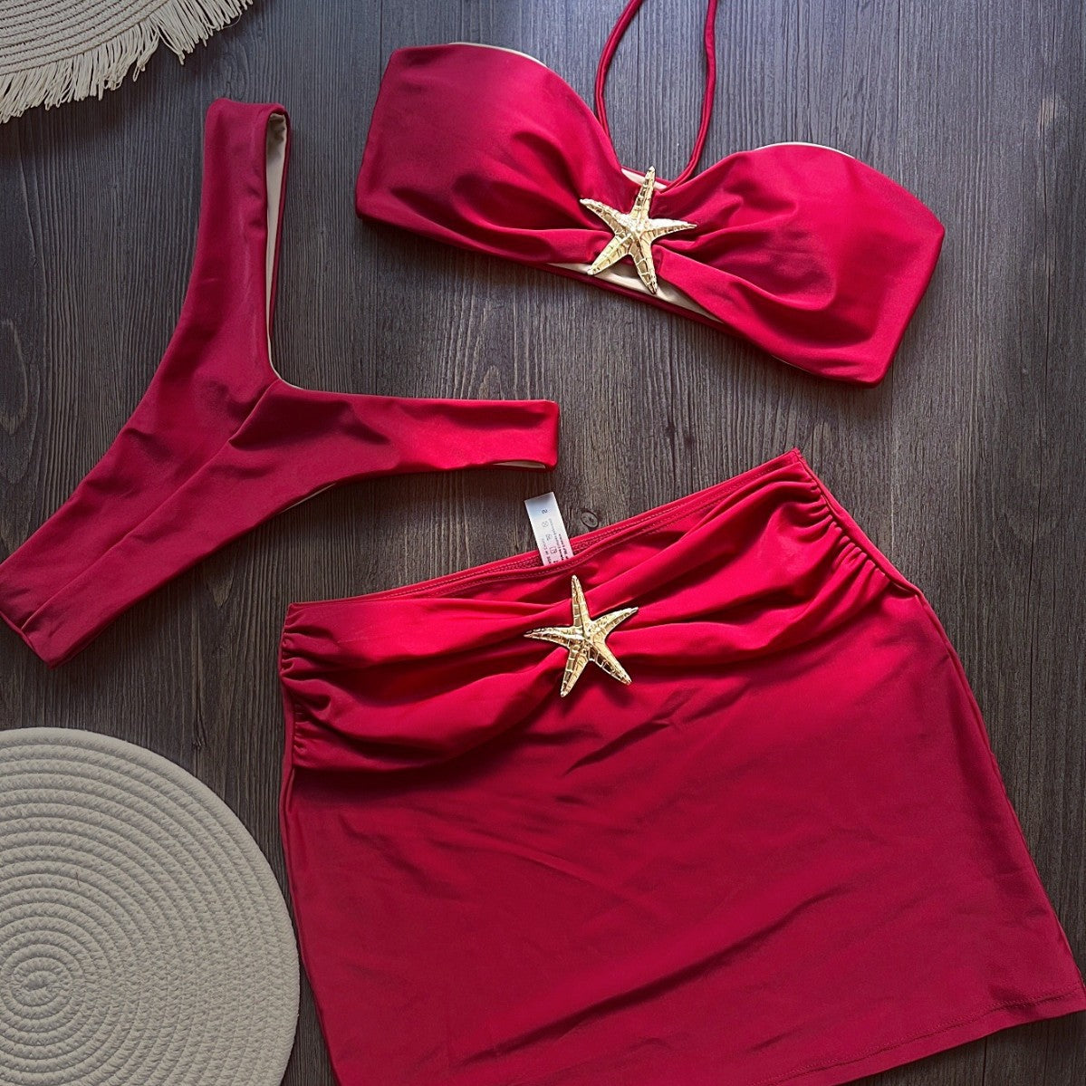 Conjunto de bikini de tres piezas con tirantes, bikini sexy de color liso con abertura.