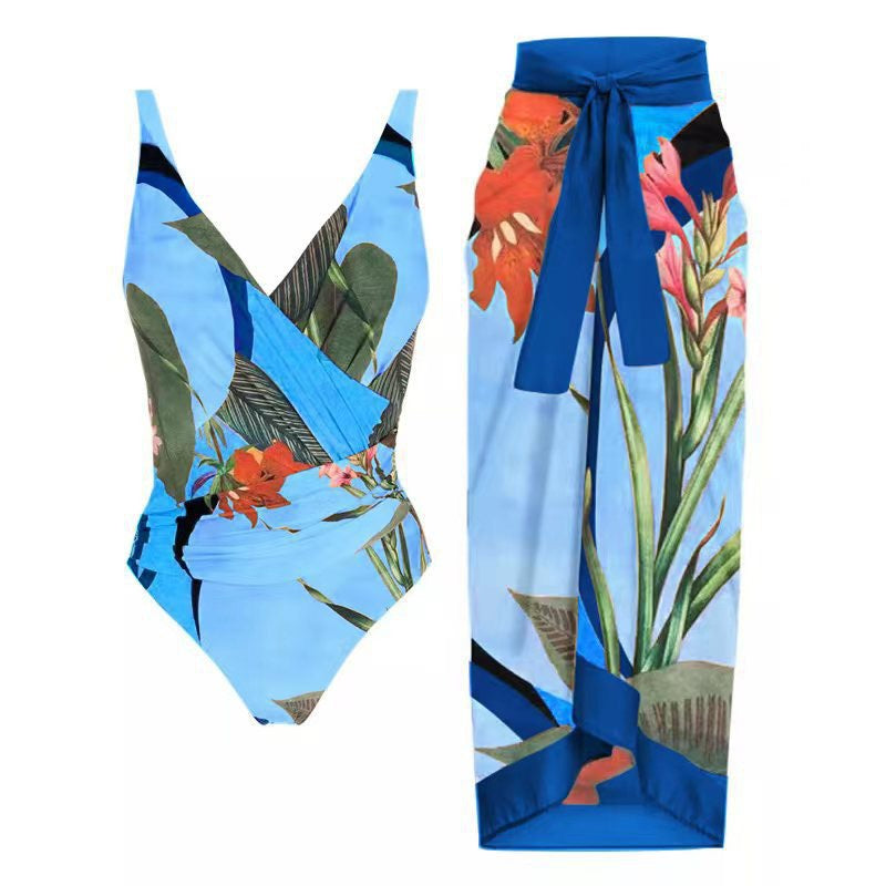 Two Piece Set Swimsuit Cross Belly Covering Printed Backless Sheath Dress Swimsuit