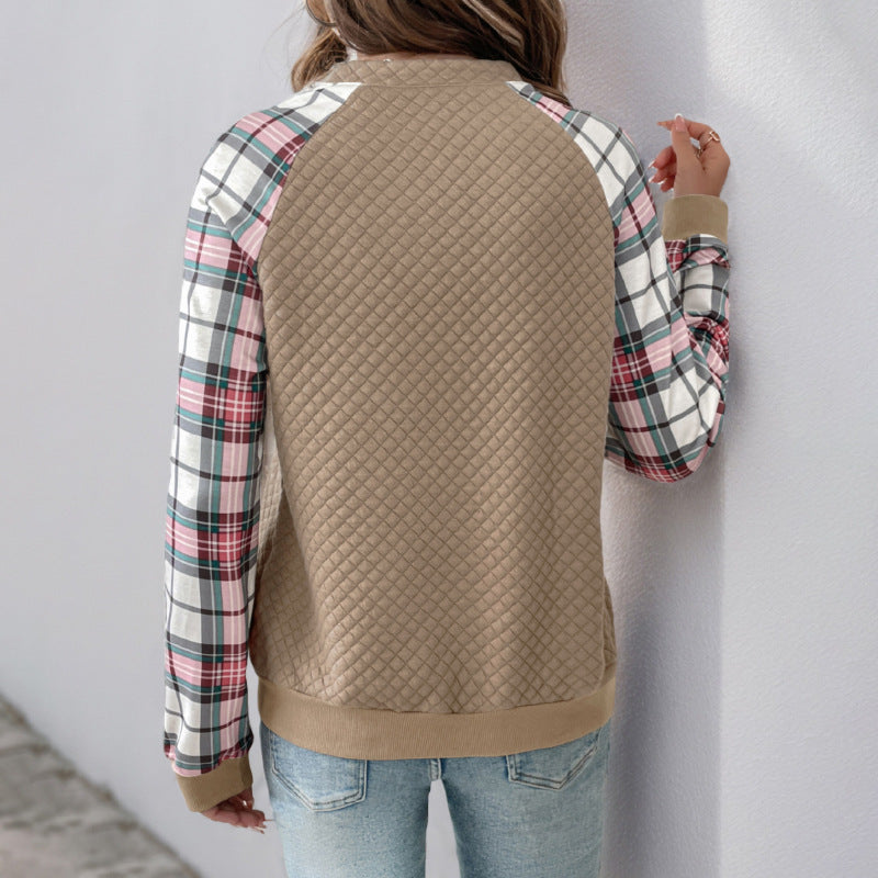 Casual Retro Cardigan Zipper Plaid Stitching Diamond Patterns Fabric Sweatshirts