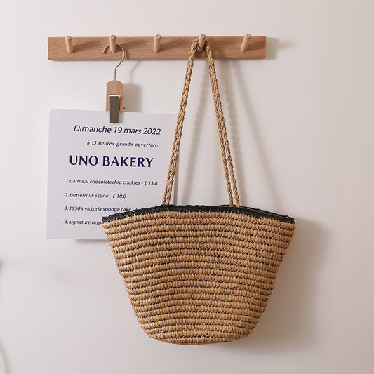 Black Edge Straw Bag Contrast Color Portable Straw Bag Woven Bag Seaside Vacation Beach Bag Women Bag